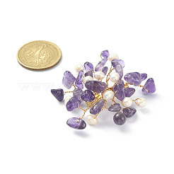 Natural Mixed Gemstone Chips & Pearl Beaded Flower Brooch Pin&nbsp;JEWB-BR00098
