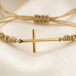 Adjustable 304 Stainless Steel Sideways Cross Link Handmade Braided Cord Bracelets with Brass Beads for Men Women&nbsp;HK4734