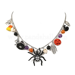 Halloween Alloy Spider Skeleton and Round Natural Gemstone Multi Pendant Bib Necklaces for Women&nbsp;NJEW-TA00276