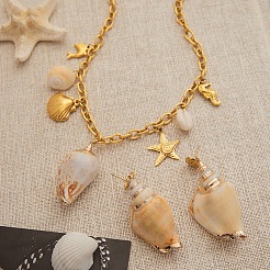 304 Stainless Steel with Natural Shell Starfish Sea Horse Pendant Bib Necklaces for Women&nbsp;FS-WG01E94-02