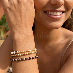 3Pcs 3 Styles Round Adjustable Natural Garnet & Brass Beads Braided Bead Bracelets&nbsp;SF2347-2