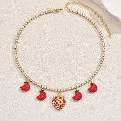 Sweetheart Design Brass Pave Clear Cubic Zirconia Tennis Chain Strawberry Banana Pendant Bib Necklaces for Women&nbsp;GI1549