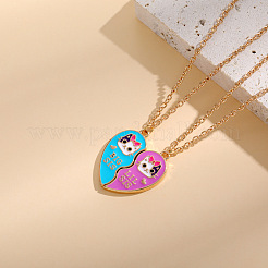2Pcs Cute Alloy Enamel BFF Cat Heart Pendant Necklaces for Women&nbsp;FS-WG9A306-01