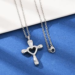 304 Stainless Steel Heart Cross Pendant Pet Urn Ashes Necklaces&nbsp;LS-NJEW-S455-05P