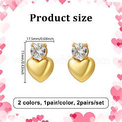 2Pairs 2 Colors Heart Rack Plating Brass Micro Pave Clear Cubic Zirconia Stud Earrings&nbsp;EJEW-GO0001-09