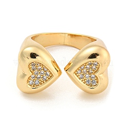 Brass Micro Pave Clear Cubic Zirconia Heart Open Cuff Rings for Women&nbsp;RJEW-L121-043G