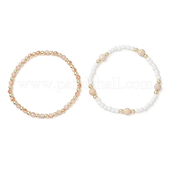 2Pcs Natural Fossil & Glass Round Beaded Stretch Bracelets for Women&nbsp;BJEW-JB13308