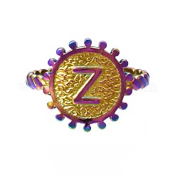 Rainbow Color 304 Stainless Steel Flat Round with Initial Cuff Ring&nbsp;RJEW-S405-139