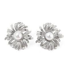 Brass ABS Plastic Imitation Pearl Flower Stud Earrings&nbsp;EJEW-S258-01P