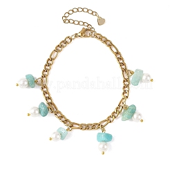 Natural Amazonite Chip and Shell Pearl Beads Tassel 304 Stainless Steel Figaro Chain Bracelets&nbsp;BJEW-JB14346-02