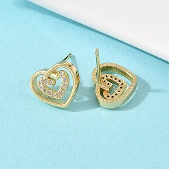 Brass Micro Pave Clear Cubic Zirconia Heart Stud Earrings&nbsp;EJEW-F400-28A-G