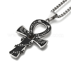 201 Stainless Steel Pave Natural Tiger Eye Ankh Cross Pendant Box Chain Necklaces&nbsp;STAS-D196-04P