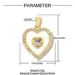 Valentine's Day Brass Clear Cubic Zirconia & Shell Pendants&nbsp;KK-OY001-29G