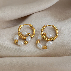 304 Stainless Steel with Natural Freshwater Pearl Hoop Dangle Earrings for Women&nbsp;ZI8029