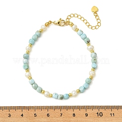 Natural Larimar Faceted Cube and Natural Cultured Freshwater Pearl Beaded Bracelets with Brass Round Beads&nbsp;BJEW-JB14416