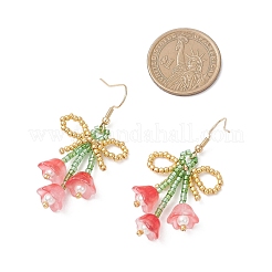 Flower with Bowknot Handmade Glass Seed Beads Dangle Earrings&nbsp;EJEW-MZ00655