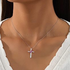 925 Sterling Silver Deep Pink Cubic Zirconia Cross Pendant Necklaces for Women&nbsp;FS-WGC3BD8-01