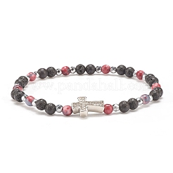 Natural & Synthetic Mixed Gemstone Beaded Stretch Bracelet with Clear Cubic Zirconia Cross for Women&nbsp;BJEW-JB08247