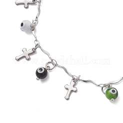 3Pcs 3 Colors Handmade Evil Eye Lampwork & 304 Stainless Steel Cross Tassel Bar Link Chain Anklets for Women&nbsp;AJEW-AN00741