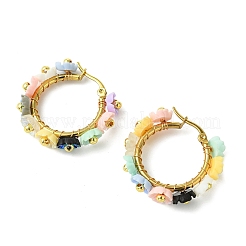 201 Stainless Steel & Resin Beaded Flower Hoop Earrings&nbsp;EJEW-JE07175-01