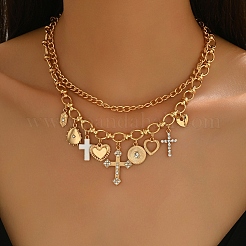 Alloy Crystal Rhinestone and Enamel Cross Heart Multi-Charm Double Layer Necklaces for Women&nbsp;WGEBEB6-01