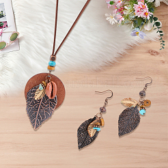 Bohemian Style Leaf Alloy & Wood Pendant Necklaces & Dangle Earrings Sets&nbsp;SJEW-CL0001-03