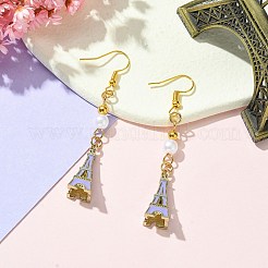 Alloy Enamel Eiffel Tower Dangle Earrings with Imitation Pearl Beaded&nbsp;EJEW-JE05422-02
