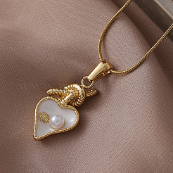 304 Stainless Steel Enamel with Imitation Pearl White Heart Pendant Necklaces for Women&nbsp;KW3625