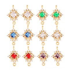 12Pcs 6 Colors Brass Pave Faceted Glass and Cubic Zirconia Rhombus Connector Charms&nbsp;KK-PH0014-03