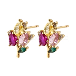 Brass Micro Pave Cubic Zirconia Flower Stud Earrings&nbsp;EJEW-P322-12G