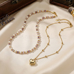304 Stainless Steel Heart Pendant White Faux Pearl and Natural Amethyst Faceted Round Beaded Double Layer Necklaces for Women&nbsp;JN5423-1