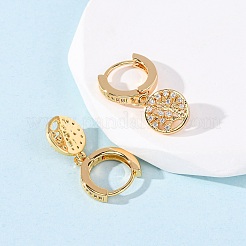 Flat Round with Tree Brass Micro Pave Clear Cubic Zirconia Hoop Earrings&nbsp;EJEW-F384-10G