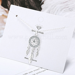 Brass Pave Clear Cubic Zirconia Flower Woven Web/Net with Feather Pendant Necklaces for Women&nbsp;WGCDCED-01