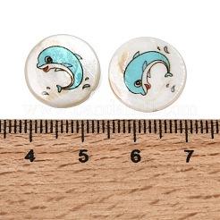 Ocean Printed Natural Freshwater Shell Flat Round Beads&nbsp;SHEL-A006-13A