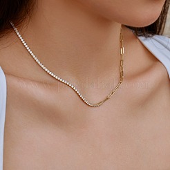 925 Sterling Silver Pave Clear Cubic Zirconia Paperclip Chain Necklaces for Women&nbsp;NJEW-Q342-10G