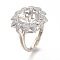 Adjustable Brass Finger Cup Peg Ring Settings, with Micro Pave Cubic Zirconia, For Half Drilled Beads, Long-Lasting Plated, Flower, Clear, Platinum, US Size 7, Inner Diameter: 17.3mm, Tray: 10mm
