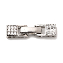 Brass Micro Pave Clear Cubic Zirconia Fold Over Clasps, Rectangle, Platinum, 27x6.5x5mm, Hole: 2x1.5mm and 2.5x1mm