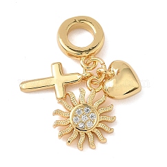 Brass Micro Pave Clear Cubic Zirconia European Dangle Charms, Heart Cross Large Hole Pendants, Real 18K Gold Plated, Sun, 27mm, Hole: 4.8mm