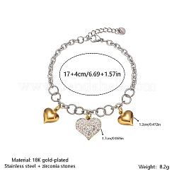 Duo Tone 304 Stainless Steel Crystal Rhinestone Triple Heart Charm Bracelets for Women&nbsp;WG2282A-02