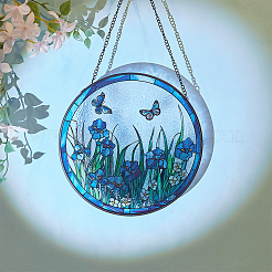Flat Round with Butterfly Glass Hanging Suncatcher&nbsp;HJEW-WH0036-121