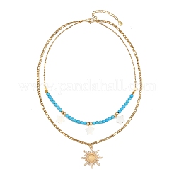 Natural Freshwater Shell & Alloy Glass Sun Pendant Synthetic Turquoise Round Beaded & 304 Stainless Steel Chain Double Layered Necklaces for Women&nbsp;NJEW-JN05469-02