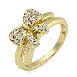 Bowknot Brass Micro Pave Clear Cubic Zirconia Open Cuff Double Rings&nbsp;RJEW-Z046-04G-03