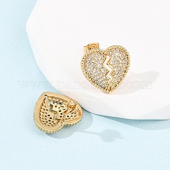 Broken Heart Brass Micro Pave Cubic Zirconia Stud Earrings&nbsp;EJEW-B153-19G-03