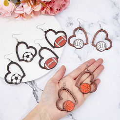4 Pairs 4 Styles Sport Theme Wood Heart Dangle Earrings for Women&nbsp;EJEW-FI0001-55