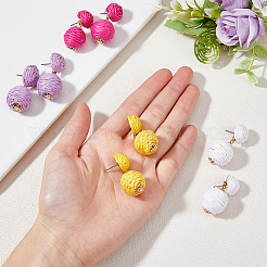 4 Pairs 4 Colors Raffia Grass Braided Round Dangle Stud Earrings with Iron Pins for Women&nbsp;EJEW-FI0002-27