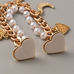 Pearl Plastic Beads & Heart & Moon & Teardrop Charms Link Chain Phone Case Double Chain Strap&nbsp;AJEW-WH0041-61G