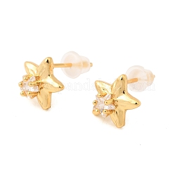 Brass Micro Pave Clear Cubic Zirconia Star Stud Earrings&nbsp;EJEW-C158-09G