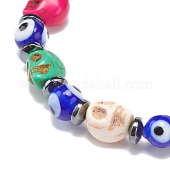 Lampwork Evil Eye & Dyed Synthetic Turquoise(Dyed) Skull Beaded Stretch Bracelets&nbsp;BJEW-JB08922
