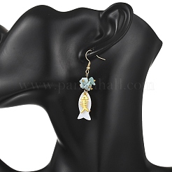 Fish Natural Shell & Natural Larimar Chips Dangle Earrings&nbsp;EJEW-JE07166