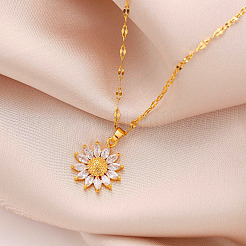 Sunflower 304 Stainless Steel Clear Cubic Zirconia Pendant Necklaces for Women&nbsp;FS-WG5C110-01